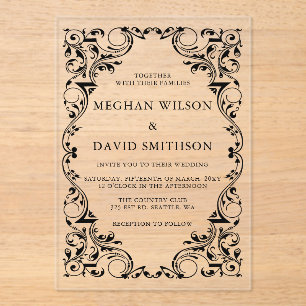 Rustic Elegant Ornamental Black Gold Wedding  Acrylic Invitations
