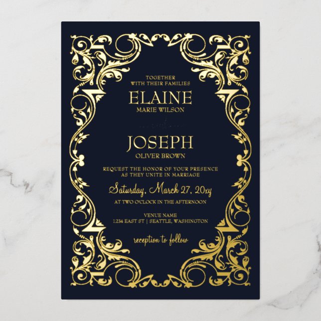Rustic Elegant Ornate Frame Navy Wedding  (Front)