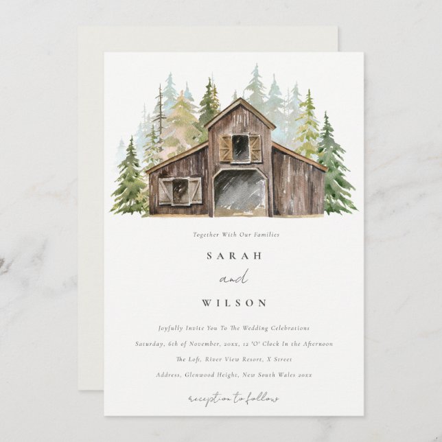 Rustic Elegant Pine Forest Barnyard Wedding Invite (Front/Back)