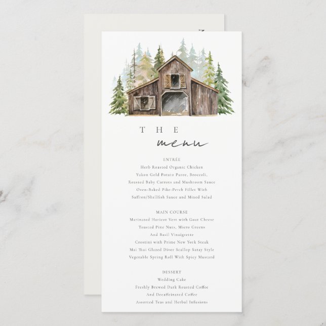 Rustic Elegant Pine Forest Barnyard Wedding Menu (Front/Back)