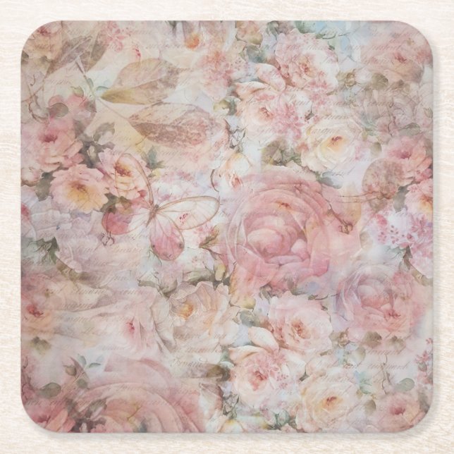 Rustic elegant pink collage floral typography square paper coaster (Front)