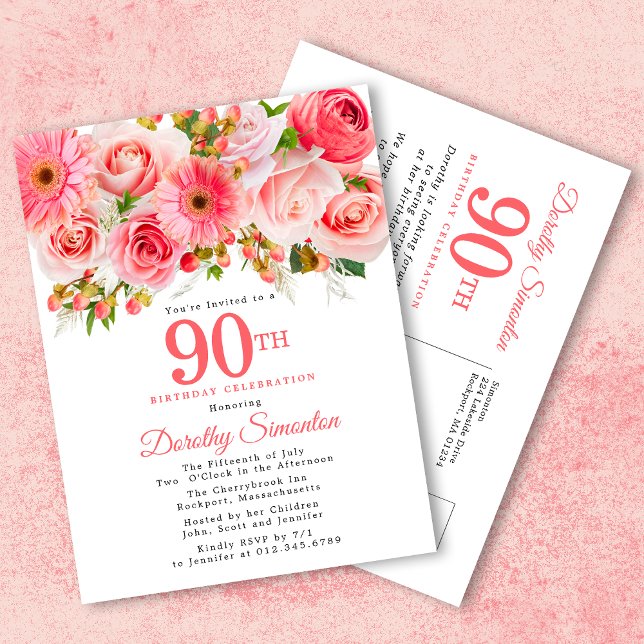 Rustic Elegant Pink Floral 90th Birthday Invitation Postcard (Creator Uploaded)