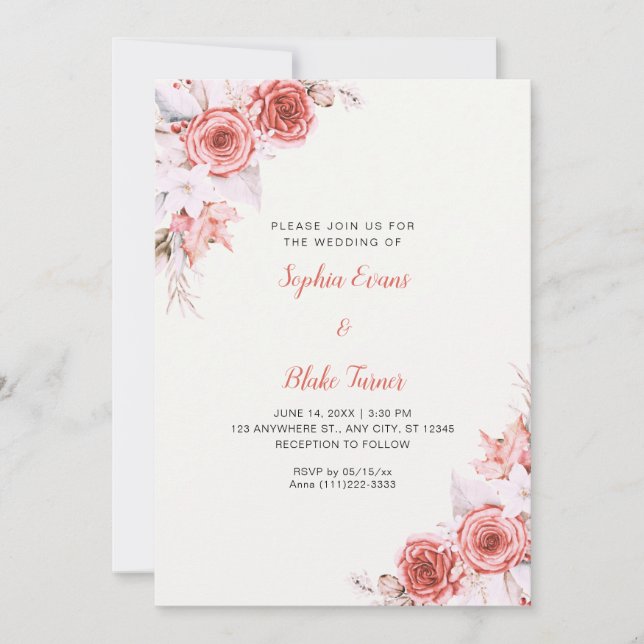 Rustic Elegant Pink Roses Fall Off White Wedding Invitation (Front)