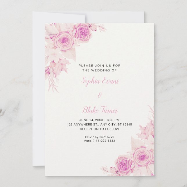 Rustic Elegant Pink Roses Fall Off White Wedding Invitation (Front)