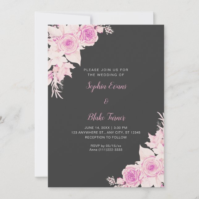 Rustic Elegant Pink Roses Fall Shadow Grey Wedding Invitation (Front)