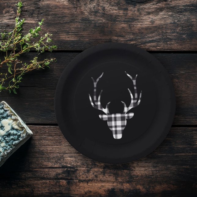 Rustic Elegant Plaid Deer Christmas Paper Plates (elegant chic paper plate. modern plaid check deer design)