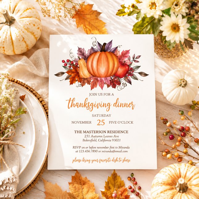 Rustic Elegant Pumpkin Fall Leaves Thanksgiving Invitation (Creator Uploaded)