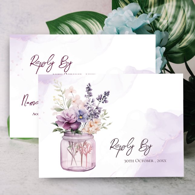 Rustic Elegant Purple Flowers In Mason Jar Wedding RSVP Card (Rustic Elegant Purple Flowers In Mason Jar Wedding RSVP Card)