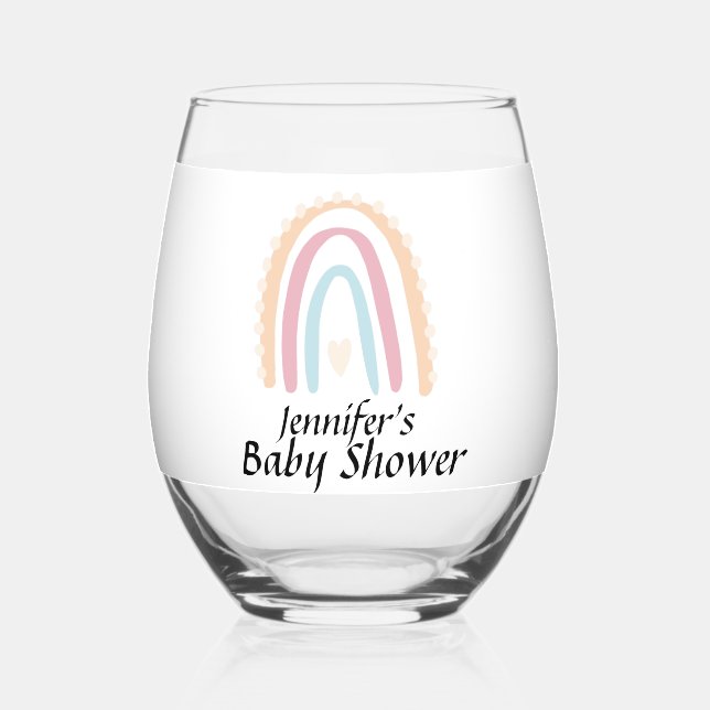 Rustic Elegant Rainbow Baby Shower Drinkware Set Stemless Wine Glass (Front)