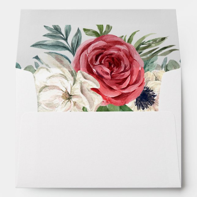 Rustic Elegant Red Floral White Wedding Envelope (Back (Bottom))