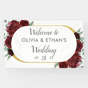 Rustic Elegant Red Rose Floral Gold White Wedding Banner