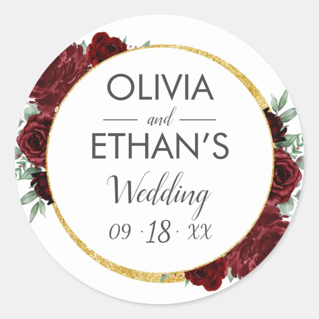 Rustic Elegant Red Rose Floral Gold White Wedding  Classic Round Sticker (Front)
