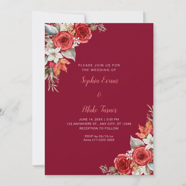 Rustic Elegant Red Roses Fall Burgundy Wedding Invitation (Front)