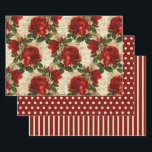 Rustic Elegant Red Roses Polka Dots Stripes Solid Wrapping Paper Sheet<br><div class="desc">Three sheet wrapping paper in coordinating rustic red and cream floral. Sheet 1 is a red floral on cream-coloured music sheet background, sheet 2 is a cream-coloured polka dot pattern on red/burgundy, and sheet 3 is a cream and red/burgundy striped pattern. Contact us for help with customisation or to request...</div>