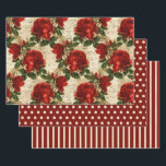 Rustic Elegant Red Roses Polka Dots Stripes Solid Wrapping Paper Sheet<br><div class="desc">Three sheet wrapping paper in coordinating rustic red and cream floral. Sheet 1 is a red floral on cream-coloured music sheet background, sheet 2 is a cream-coloured polka dot pattern on red/burgundy, and sheet 3 is a cream and red/burgundy striped pattern. Contact us for help with customisation or to request...</div>