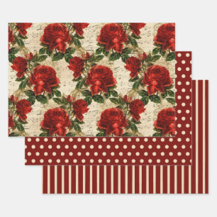 Rustic Elegant Red Roses Polka Dots Stripes Solid Wrapping Paper Sheet