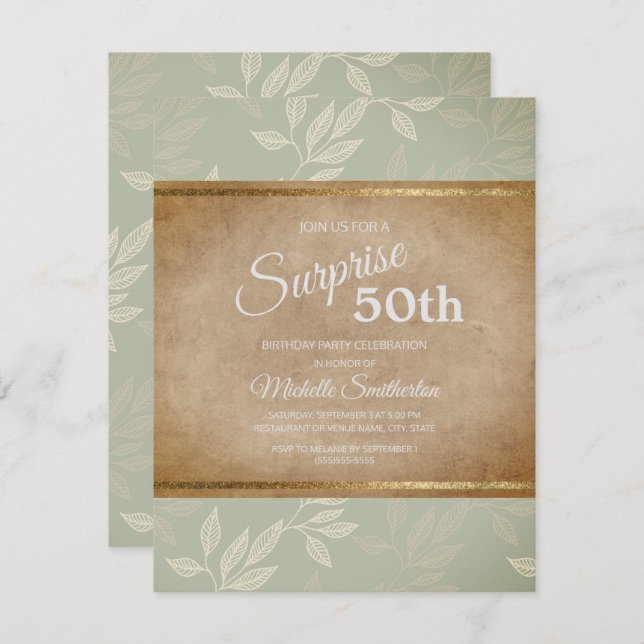 Rustic Elegant Sage Green Leaves 50th Birthday Invitation (Front/Back)