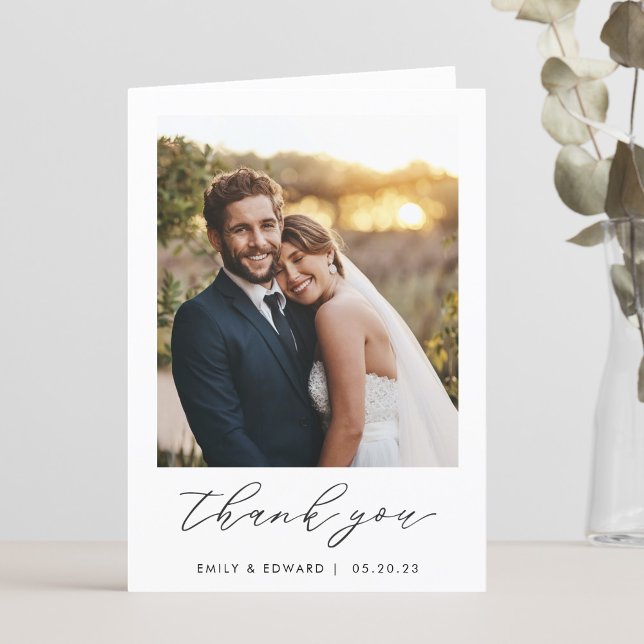 Rustic Elegant Script Two Photo Folded Wedding Thank You Card (Creator Uploaded)