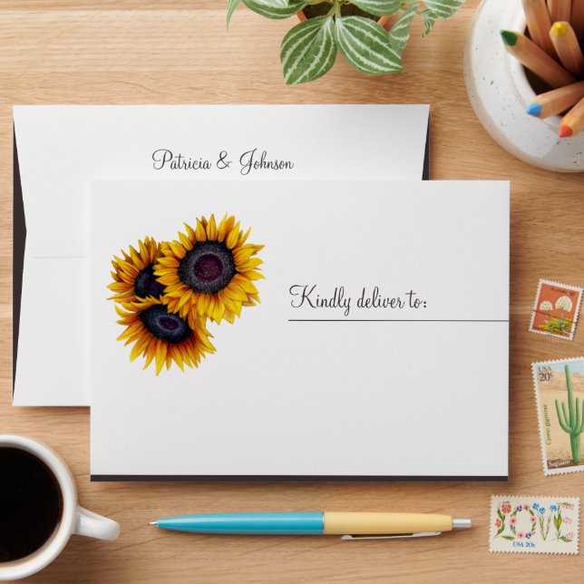 Rustic elegant sunflower barn wood wedding envelope (Desk)
