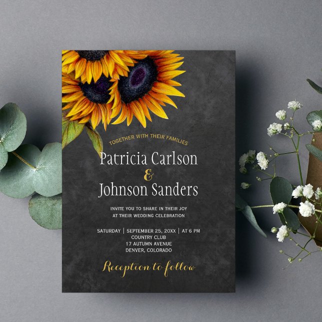 Rustic elegant sunflower chalkboard wedding invitation (Creator Uploaded)