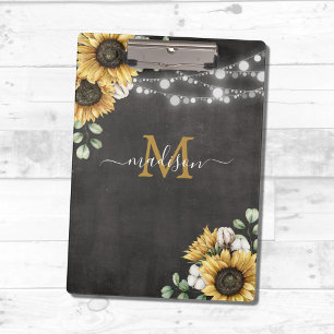 Rustic Elegant Sunflower Eucalyptus Floral Black  Clipboard