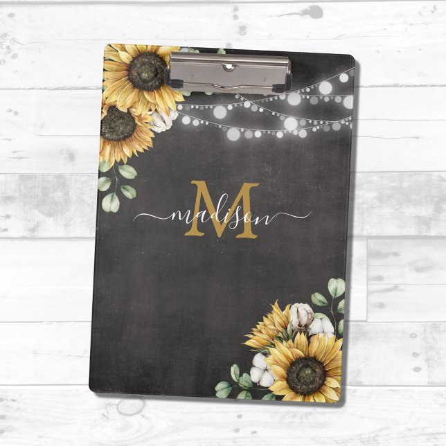 Rustic Elegant Sunflower Eucalyptus Floral Black  Clipboard (In situ)