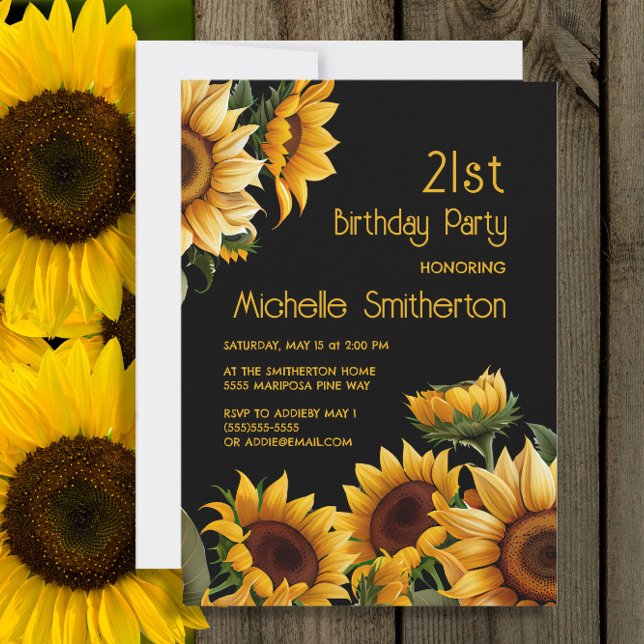 Rustic Elegant Sunflowers Black 21st Birthday Invitation (Sunflowers on black 21st birthday invitation)