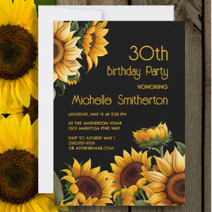 Rustic Elegant Sunflowers Black 30th Birthday Invitation