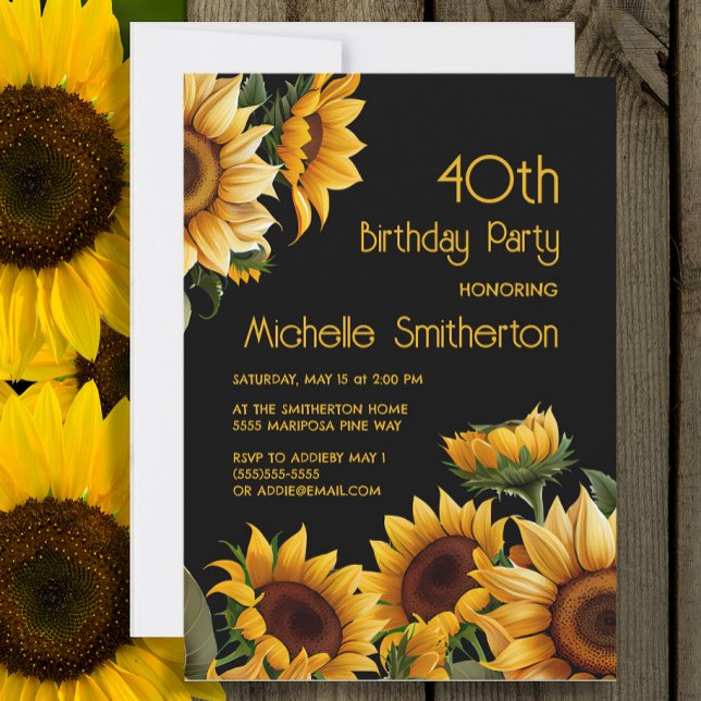 Rustic Elegant Sunflowers Black 40th Birthday Invitation (Sunflowers on black 40th birthday party invitation)