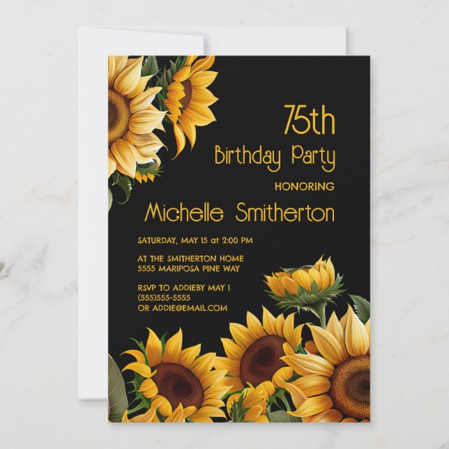 Rustic Elegant Sunflowers Black 75th Birthday Invitation (Front)