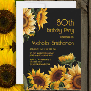 Rustic Elegant Sunflowers Black 80th Birthday Invitation