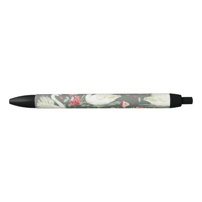 Rustic Elegant Swans & Hearts Elements Pattern Black Ink Pen (Front)