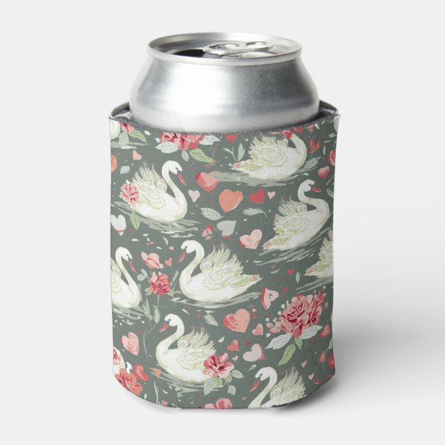 Rustic Elegant Swans & Hearts Elements Pattern Can Cooler (Can Front)