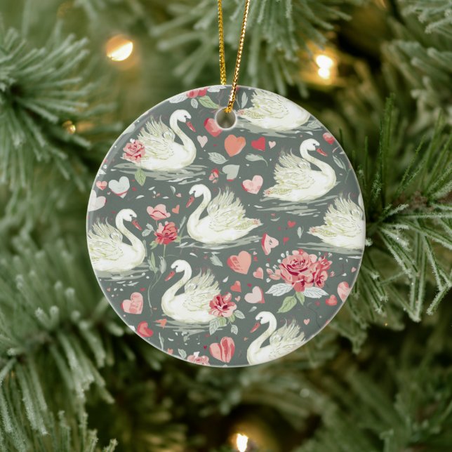 Rustic Elegant Swans & Hearts Elements Pattern Ceramic Tree Decoration (Tree)
