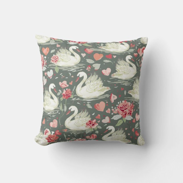 Rustic Elegant Swans & Hearts Elements Pattern Cushion (Front)