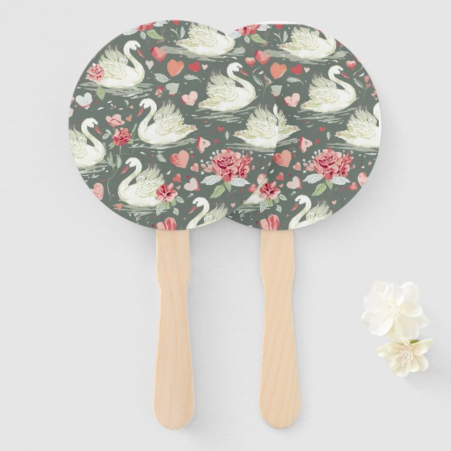 Rustic Elegant Swans & Hearts Elements Pattern Hand Fan (Front and Back)