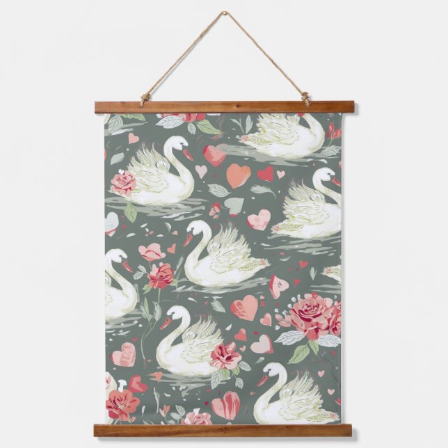Rustic Elegant Swans & Hearts Elements Pattern Hanging Tapestry (Front)