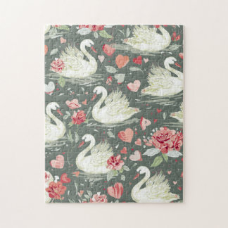 Rustic Elegant Swans & Hearts Elements Pattern Jigsaw Puzzle