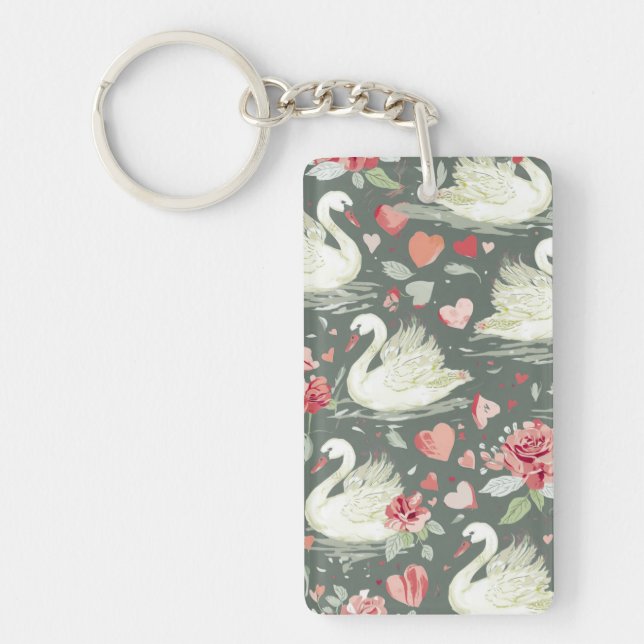 Rustic Elegant Swans & Hearts Elements Pattern Key Ring (Front)
