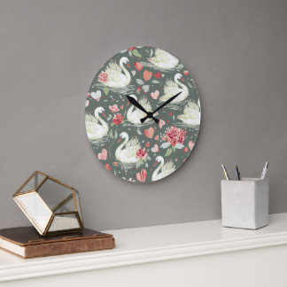 Rustic Elegant Swans & Hearts Elements Pattern Large Clock