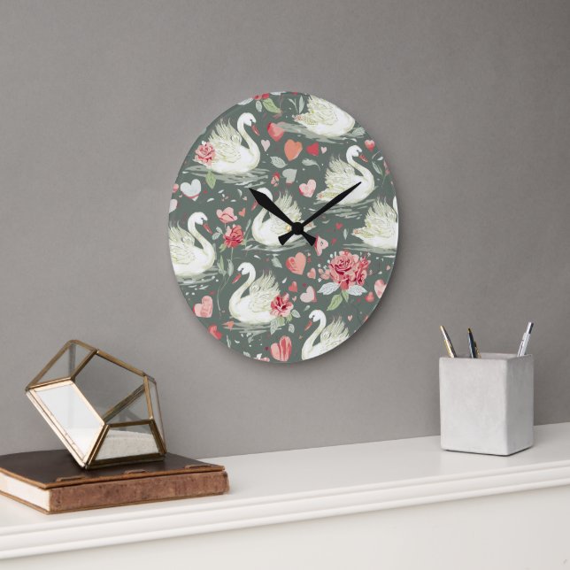 Rustic Elegant Swans & Hearts Elements Pattern Large Clock (Office)