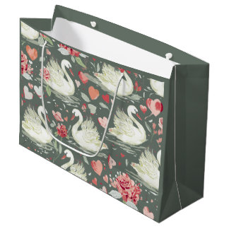 Rustic Elegant Swans & Hearts Elements Pattern Large Gift Bag