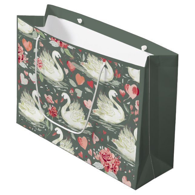 Rustic Elegant Swans & Hearts Elements Pattern Large Gift Bag (Front Angled)