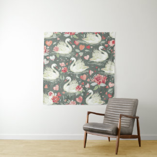 Rustic Elegant Swans & Hearts Elements Pattern Tapestry