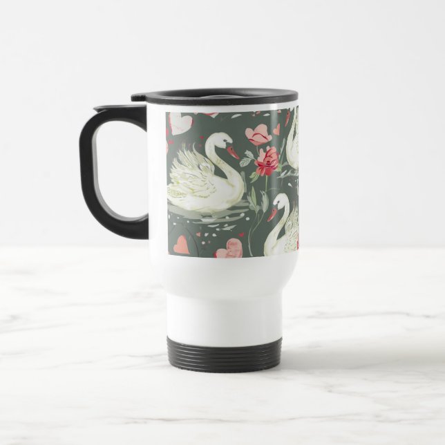 Rustic Elegant Swans & Hearts Elements Pattern Travel Mug (Left)
