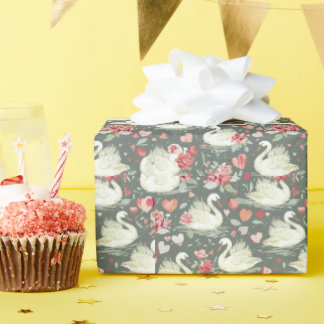 Rustic Elegant Swans & Hearts Elements Pattern Wrapping Paper