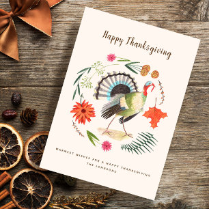 Rustic Elegant Turkey Thanksgiving Botanical Holiday Card
