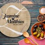 Rustic Elegant Vintage Monogram Burlap Wedding Cutting Board<br><div class="desc">Add a touch of vintage charm to their special day with this commemorative rustic chopping board, which features white serif and script lettering on a (simulated) stained and faded burlap / canvas / rough linen / kraft paper texture background. Customise with newlyweds' names, an initial or monogram for the surname,...</div>