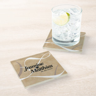 Rustic Elegant Vintage Monogram Burlap Wedding Glass Coaster