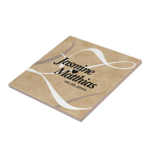 Rustic Elegant Vintage Monogram Burlap Wedding Tile